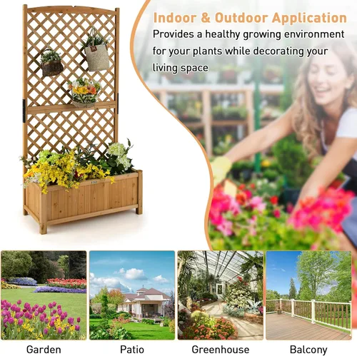 Miniatura 9 de Maceta de Jardín de Madera Giantex con Enrejado, Cama Elevada de 180 cm para Jardín, Enrejado Alto para Plantas Trepadoras y Flores, Maceta