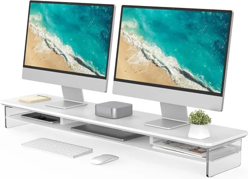Miniatura 11 de Fenge Soporte Elevador de Monitor de Acrílico, Soporte de Monitor Dual de 42.5 Pulgadas con Almacenamiento de Metal, Elevador de Computadora de Roble