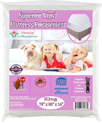 Protector de colchón de vinilo de calibre 8 extra pesado superior con cremallera, 100% impermeable, tamaño King, color blanco