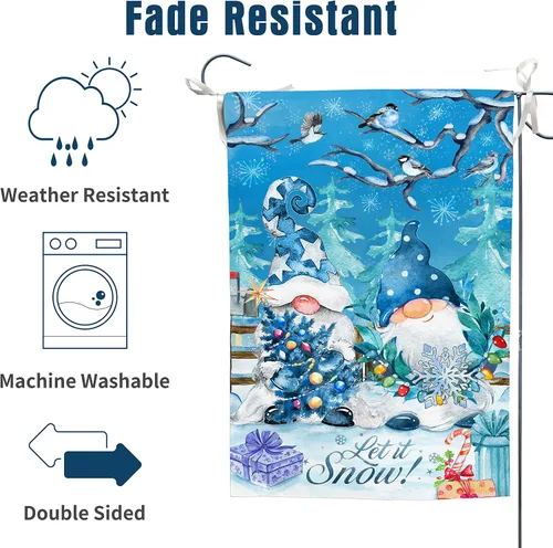 Miniatura 3 de Bandera de jardín de copos de nieve de gnomo azul de doble cara, Let it Snow Invierno decorativo para casa, patio, bandera pequeña al aire libre