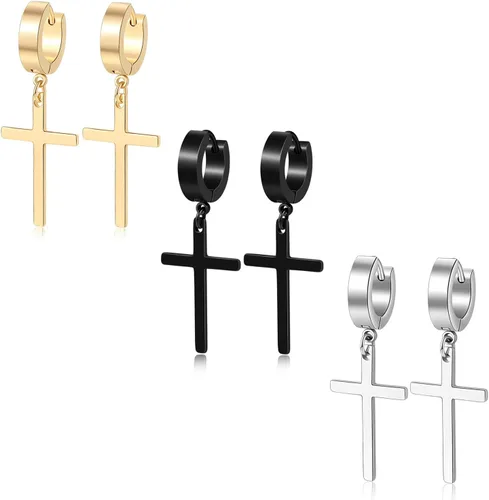 Juego de aretes de cruz de acero inoxidable para hombre y mujer, aretes colgantes con bisagras, aretes de aro cruzados