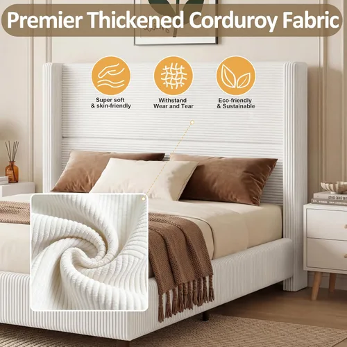 Miniatura 6 de WEUP Queen Bed Frame with Tall Headboard, 56" Corduroy Upholstered Bed Frames, Premier Modern Sturdy Wingback Cloud Bed-Frame Platform, Thicker