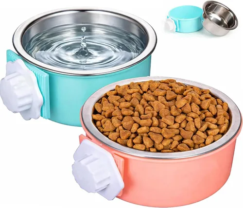 HERCOCCI 2 cuencos colgantes extraíbles de acero inoxidable para alimentos y agua para cachorros, perros pequeños, gatos, conejos y hurones (azul,