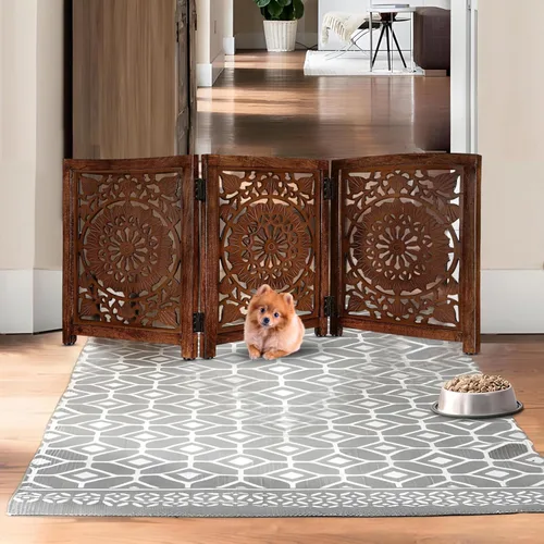 Miniatura 24 de Lightnpro Valla de madera geométrica para mascotas - Puerta de seguridad plegable independiente para perros, cachorros y mascotas pequeñas, valla