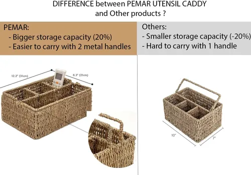 Miniatura 7 de PEMAR Organizador grande de utensilios tejido a mano de tamaño L, soporte de mimbre de yute natural para mesa, juego de cocina, organizador