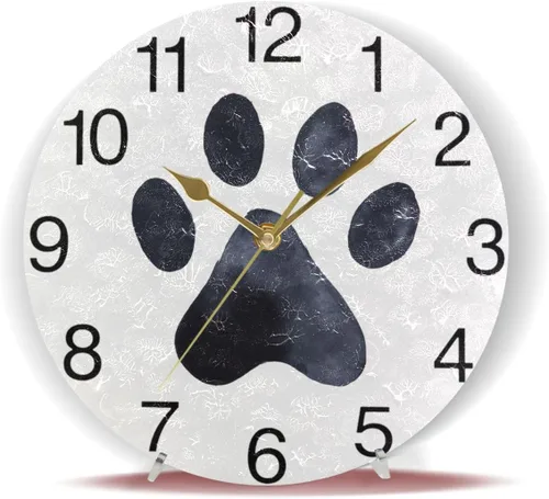 Miniatura 6 de senya Reloj de pared redondo con diseño de pata de perro negro, pintura al óleo silenciosa sin tictac, decorativo para el hogar, oficina, escuela