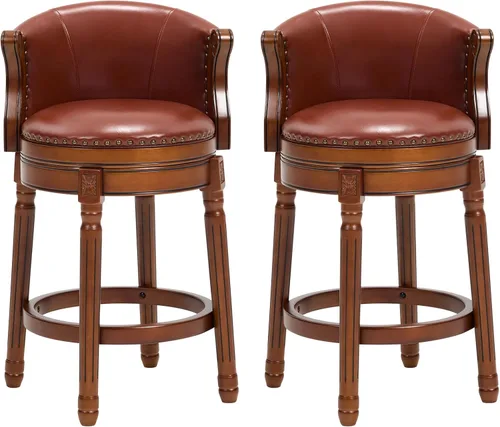 Miniatura 13 de CozyRain Taburetes de bar de madera de goma, taburete de bar tapizado de cuero con respaldo y reposapiés para el hogar, cocina, mostrador, comedor