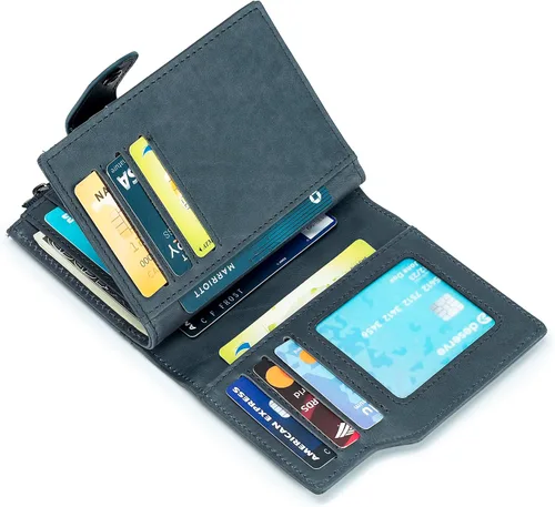 Miniatura 76 de LUKZIJAES Billetera de cuero genuino para hombre, con bloqueo RFID, delgada, plegable, bolsillo frontal, #3-Café, Vintage