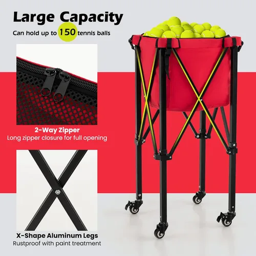 Miniatura 2 de GYMAX Tolva de pelota de tenis, carrito plegable para 150 pelotas de tenis con bolsa de transporte, marco de fácil montaje, bolsa extraíble y 4 Rojo
