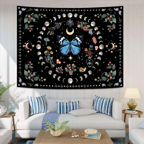Miniatura 5 de Aipon Tapiz de flores de mariposa azul botánico bohemio para colgar en pared para dormitorio y sala de estar (36.00 pulgadas, 48.00 pulgadas, azul)