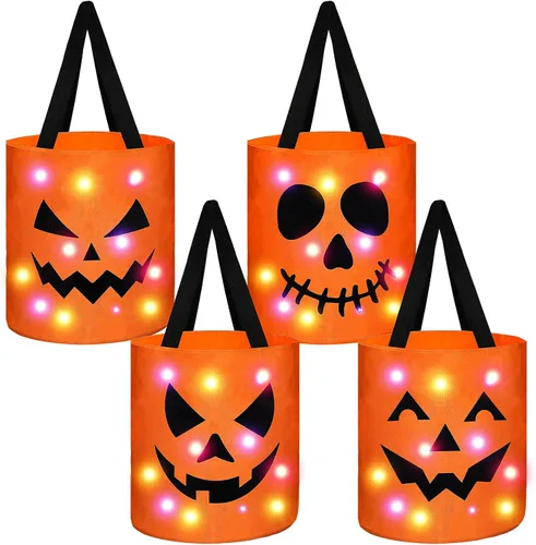 Miniatura 7 de Yaomiao 4 cubos de Halloween para niños con luz LED para dulces de calabaza, cestas de regalo reutilizables para suministros de fiesta (colorido)