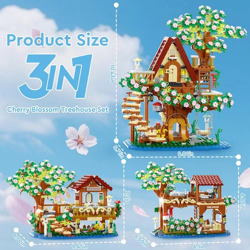 Miniatura 3 de Vziimo Juego de construcción de casa de árbol de cerezo en flor 3 en 1, ideas de casa de árbol de flores para adultos, juguetes coleccionables