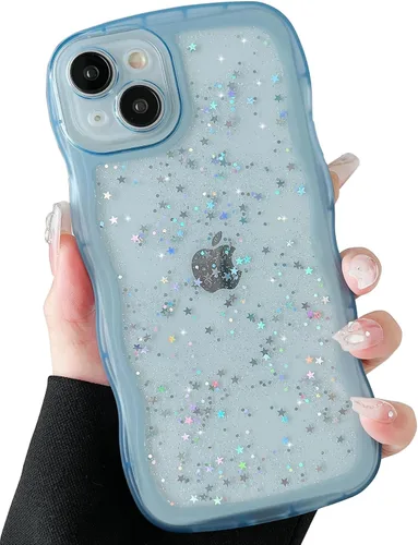 Miniatura 119 de Qokey Funda para iPhone 12 Pro Max de 6.7 pulgadas, diseño de onda rizada, borde transparente, brillante con purpurina, estrella brillante, bonita