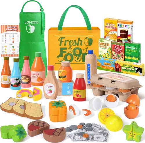 Lonico Juguetes de madera para niños, juguetes de tienda de comestibles con aperitivos, bolsa de compras y delantal para niños, accesorios de