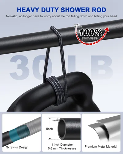 Miniatura 5 de Barra de cortina de ducha negra, barra de ducha ajustable para baño de 28 a 48 pulgadas, barra de ducha resistente para montaje en pared