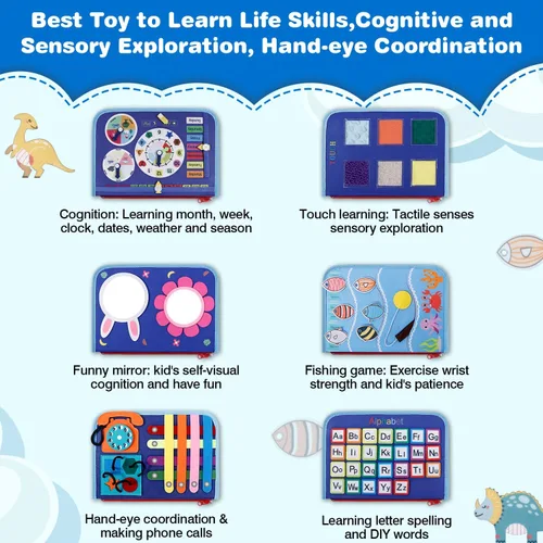 Miniatura 3 de JHkim Busy Board - Juguetes Montessori para niños y niñas de 1, 2, 3, 4 años Regalos, juguete sensorial para niños pequeños de 1 a 3 años, Azul