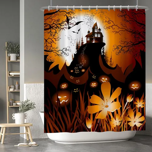 Miniatura 110 de Cortina de ducha de fantasma y gato negro para niños, 36 x 72 pulgadas, espeluznante y bonita, cortina de baño de Halloween con 6 ganchos, cortina