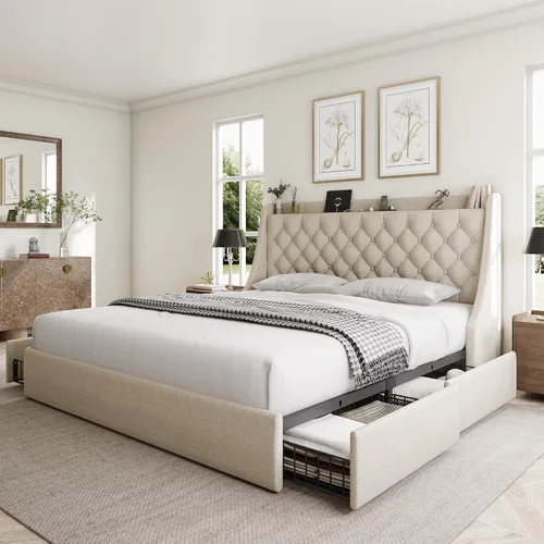 Miniatura 16 de GalnFu Marco de cama de tamaño completo con 4 cajones de almacenamiento, cabecera tapizada grande tipo wingback, estación de carga rápida,