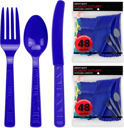 Miniatura 2 de DecorRack Juego de cubiertos de plástico de color azul real para fiestas, 96 piezas de utensilios resistentes a granel (azul rey, 96 piezas)