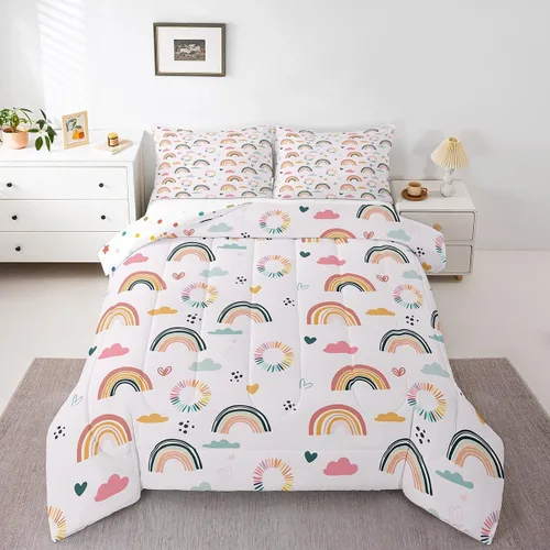Miniatura 34 de Juego de Edredón de Princesa de Ballet para Niñas Tamaño Individual, Juego de Ropa de Cama de Castillo Arcoíris Kawaii Flores Lindas Mariquita Multi