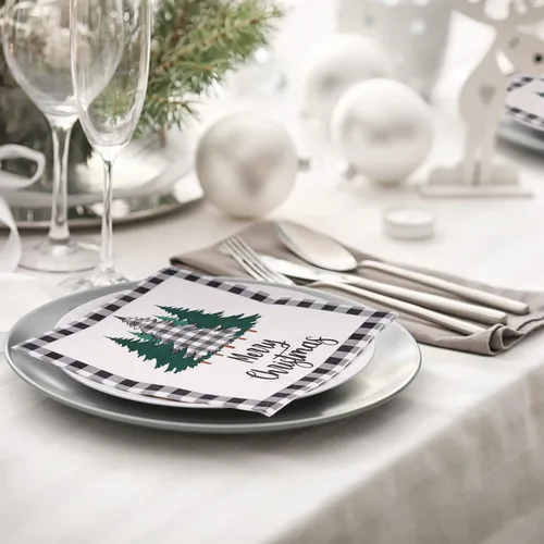 Miniatura 7 de Whaline Paquete de 80 servilletas de Navidad de papel con diseño de árbol de Navidad, diseño de búfalo blanco y negro, servilletas desechables