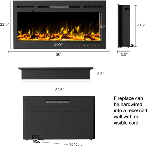 Miniatura 8 de Northwest Chimenea eléctrica montada en la pared de 36 pulgadas, calentador empotrado con ventilación frontal, control remoto, llamas LED y soportes