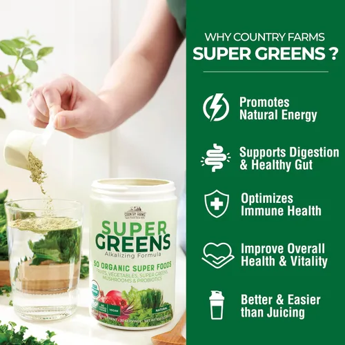 Miniatura 5 de Country Farms Super Greens Power Pack, 50 súper alimentos orgánicos, polvo de verduras con probióticos para la salud intestinal y alivio