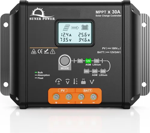 Miniatura 9 de SUNER POWER Controlador de Carga Solar MPPT de 10 Amperios 12V, Pantalla LCD + Estado de Carga, Regulador de Panel Solar 10A con Sensor