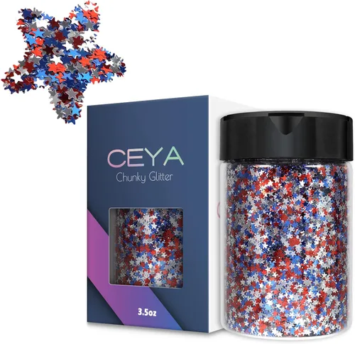 Ceya Estrella con purpurina de confeti de 0.118 pulgadas, 3.9 onzas, rojo, azul, blanco, cuerpo grueso, purpurina para el cabello, copos Estrella