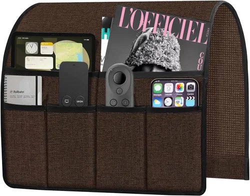 Miniatura 8 de Ntomtuex Soporte de control remoto para sillón reclinable, organizador de bolsillo con reposabrazos para sillón con 7 bolsillos para revistas, Marrón