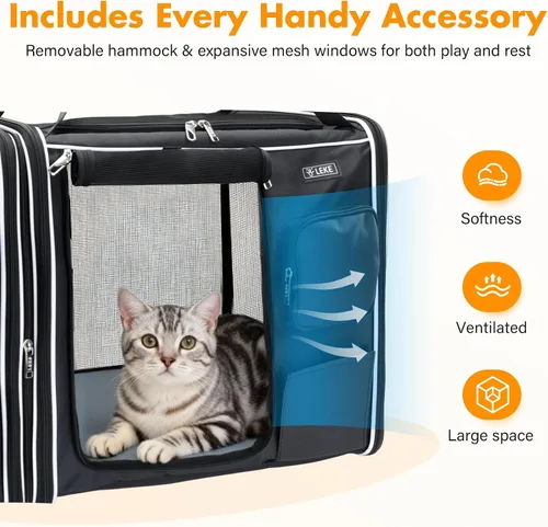 Miniatura 6 de Lekereise Transportador grande para gatos de lado suave, 28 x 13 x 13 pulgadas, transportador de viaje grande para 2 gatos con cierres de cremallera