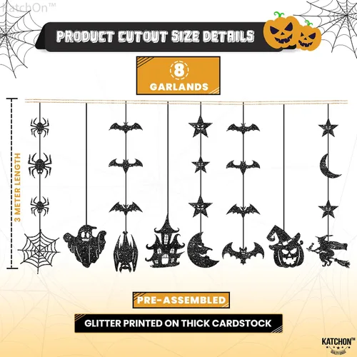Miniatura 4 de KatchOn, Guirnalda de Halloween negra con purpurina, enorme, paquete de 10 unidades, guirnalda de decoración de fiesta de Halloween con recortes