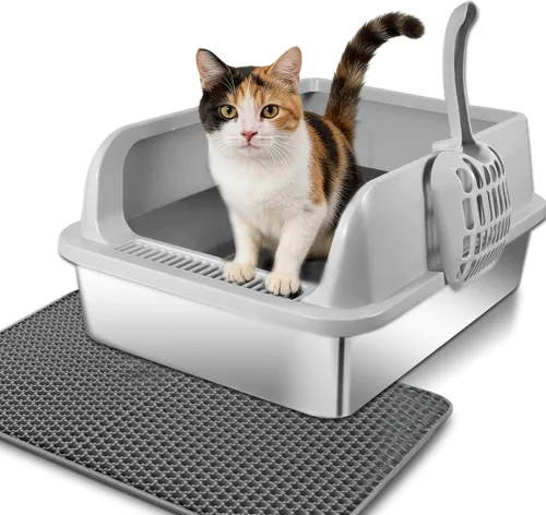 Caja de arena para gatos de acero inoxidable, caja de arena de pared alta para gatos pequeños, caja de arena de metal con tapa, antiadherente,