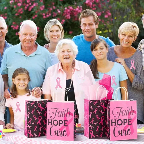 Miniatura 6 de Pajean 24 bolsas de regalo para concientización sobre el cáncer de mama con papel de seda, bolsas de regalo de cinta rosa, bolsas de golosinas
