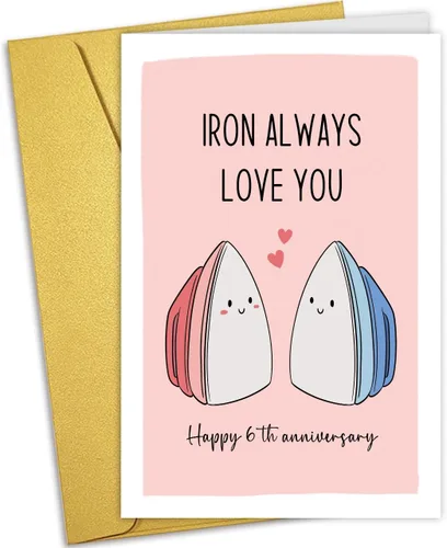Nchigedy Tarjeta de feliz 6º aniversario para él y ella, tarjeta de juego de palabras de aniversario de hierro para marido y esposa, linda tarjeta