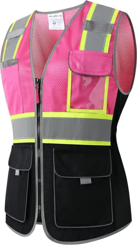 Miniatura 8 de Chaleco de seguridad para mujeres, chaleco de trabajo reflectante de alta visibilidad con 9 bolsillos múltiples y cremallera Negro