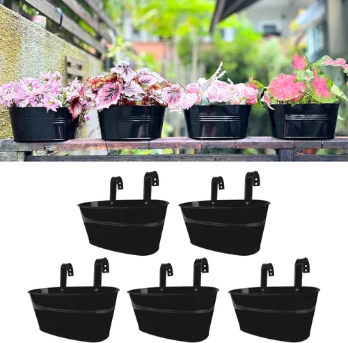 Miniatura 15 de LaLaGreen Maceta de Riel para Plantas de Exterior (11.2 Pulgadas, Paquete de 8) Macetas Colgantes de Hierro Metal Negro Barandillas de Terraza Cubos