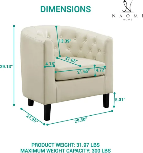 Miniatura 2 de Naomi Home - Silla acentuada Emma con botones decorativos, silla de barril de cuero sintético, silla moderna de mediados de siglo, sillón cómodo