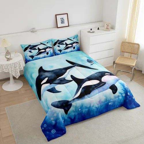 Miniatura 3 de Juego de edredón Queen de orcas y orcas de orcas y medusas del mundo submarino, para niños y niñas, animales marinos profundos, vida marina, 3