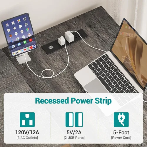 Miniatura 6 de Escritorio reversible en forma de L para juegos con tomas de corriente y puertos de carga USB, escritorio para computadora resistente con estante