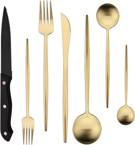 Miniatura 14 de Juego de cubiertos de 28 piezas con cuchillos para carne, cubiertos de acero inoxidable 18/8, juego de cubiertos modernos para 4 tenedores