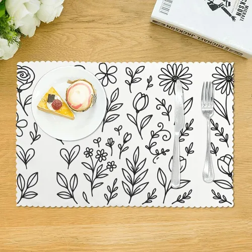 Miniatura 3 de Rectangular Placemats Set of 4, Heat Resistant Flower Doodles Printed Kitchen Dining Table Mats