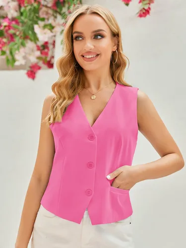 Miniatura 3 de GAMISOTE Chaleco con botones para mujer, estilo vintage, sin mangas, cuello en V, elástico, de gasa, chaleco