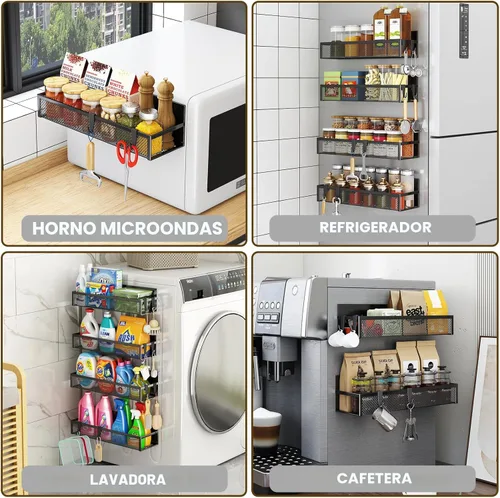Miniatura 5 de Aufworld Estante magnético para especias para refrigerador, paquete de 4 estantes magnéticos, organizador magnético para refrigerador con 8 ganchos