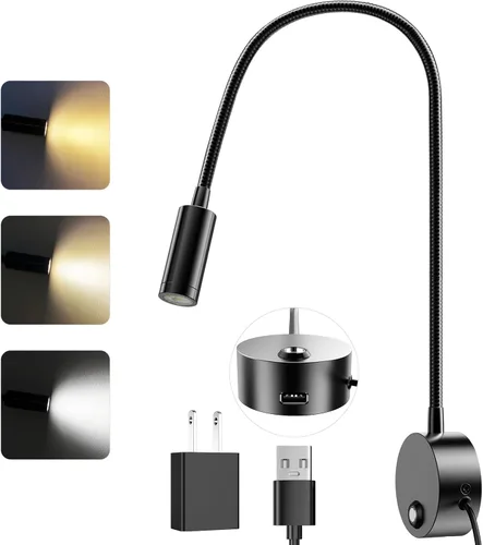 Miniatura 12 de Luz de lectura LED montada en la pared con cuello de cisne flexible de 15 pulgadas, luz de libro regulable para leer en la cama con puerto de carga