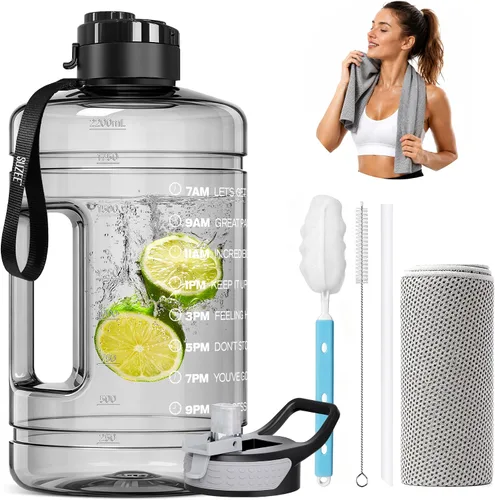Large Water Bottle with Motivational Time Marker, 74oz Water Jug with Handle Leak-Proof, Clear Sport half gallon water Bottle for Gym Camping