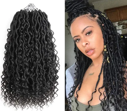 Goddess Locs Extensiones de Cabello de Ganchillo de 14 Pulgadas Boho River Locs Hippie Ondulado de Ganchillo Con Cabello Rizado en el Medio y 1b