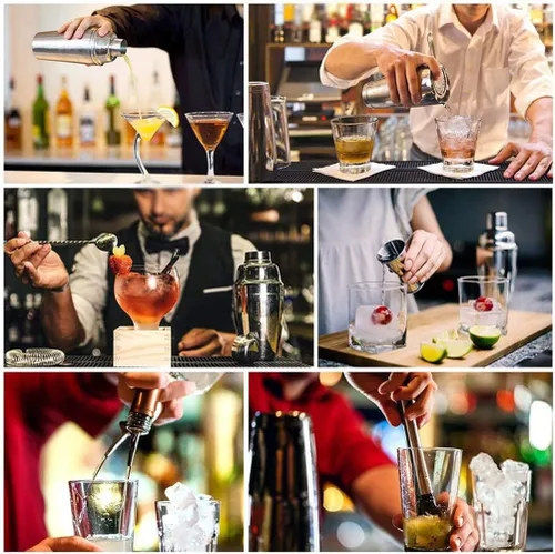 Miniatura 5 de Kit de coctelera de 17 piezas con soporte, coctelera Boston, cuchara mezcladora, Muddler, jigger medidor, exprimidor de limón, pinzas, sacacorchos