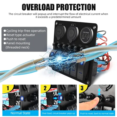 Miniatura 2 de FXC Panel de interruptor basculante azul de barco marino impermeable de 4 vías con enchufe USB QC3.0 y ranura tipo C + encendedor de cigarrillos +