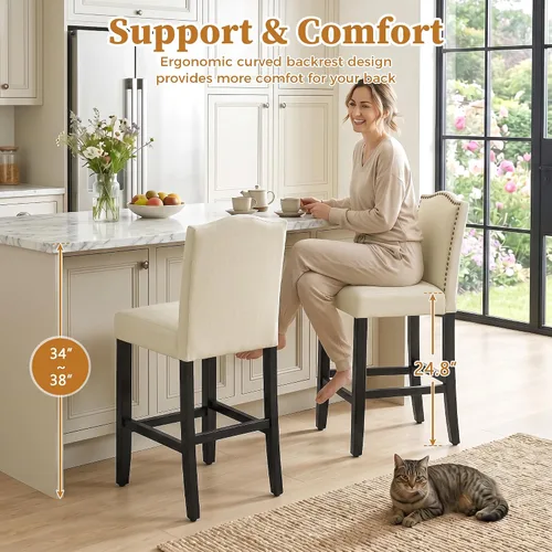 Miniatura 4 de LSSPAID Juego de 2 taburetes de bar, de 28.5 pulgadas, modernos tapizados de tela, taburetes de bar con respaldo de cabeza de clavo y patas de Beige
